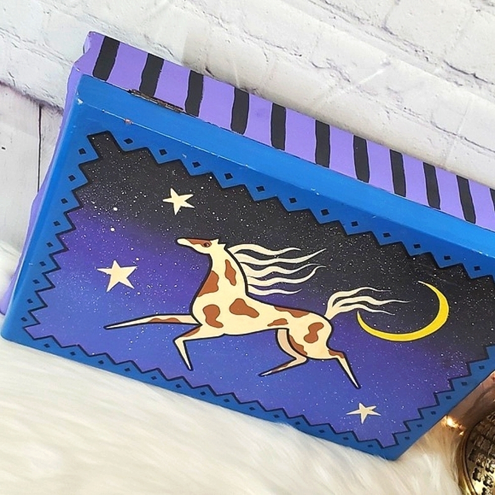 Y2K Handpainted Horse Stars & Moon Galaxy Purple Large Felt Lined Wooden Box - Picture 5 of 17